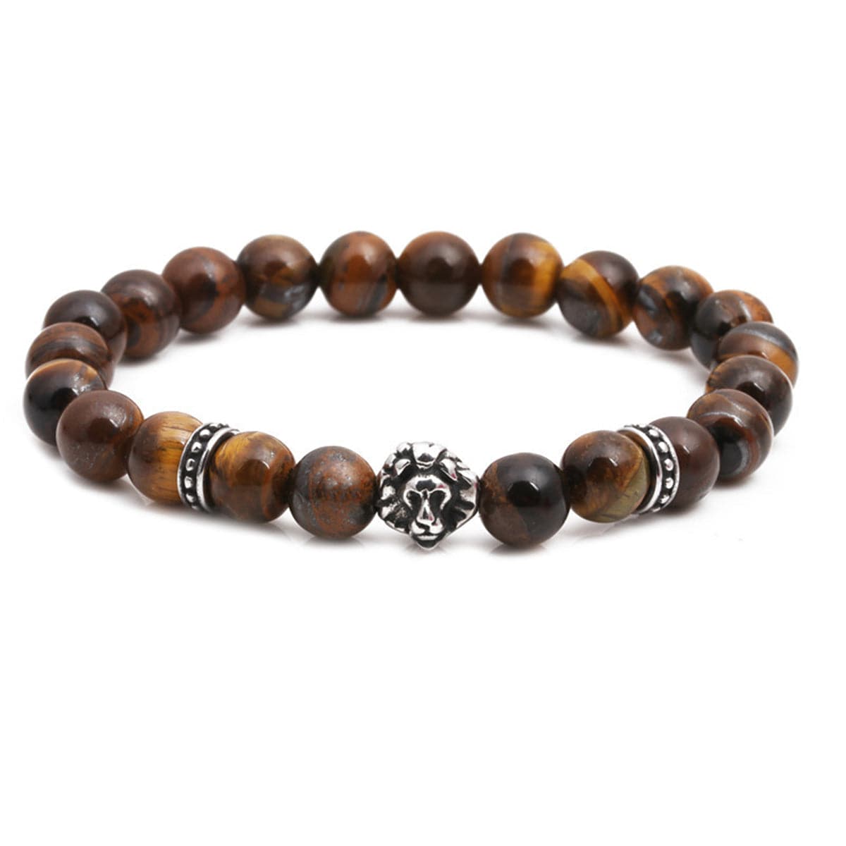 Brown Tiger's Eye & Stainless Steel Lion Beaded Stretch Bracelet