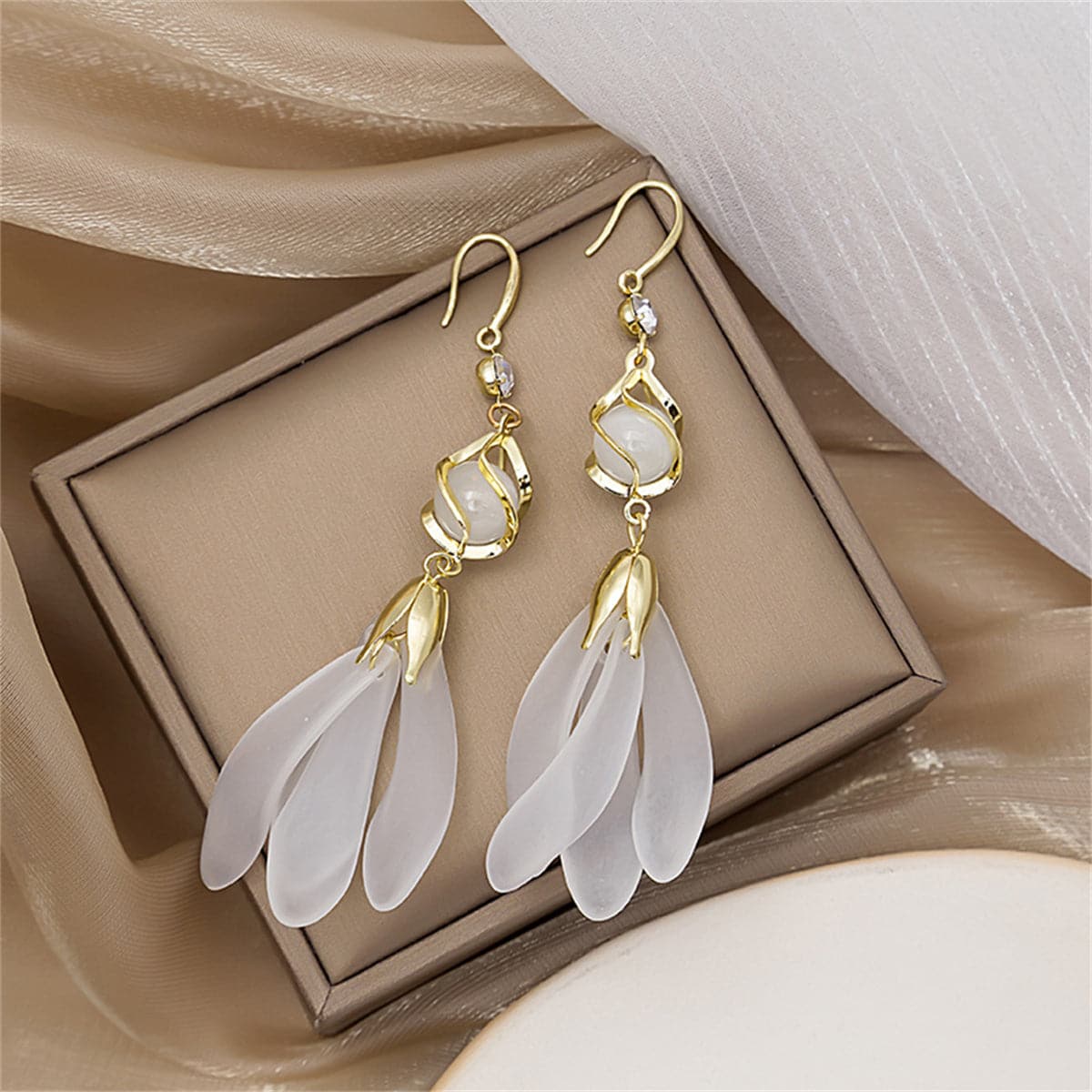 Cat-Eye and Cubic Zirconia Tiered Cage Tassel Drop Earrings, drop earrings for women, dainty minimalist design, front view