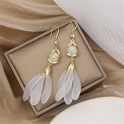 Cat-Eye and Cubic Zirconia Tiered Cage Tassel Drop Earrings, drop earrings for women, dainty minimalist design, front view