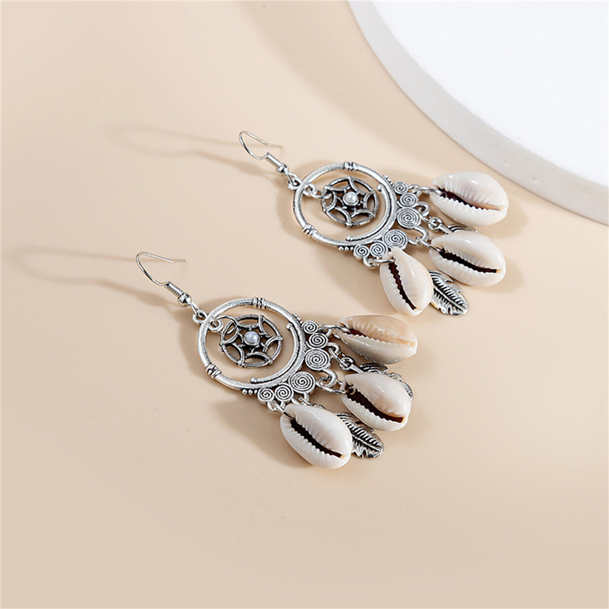 Pearl & Conch Shell Silver-Plated Circle Leaf Drop Earrings