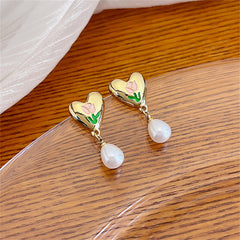 Pearl & Enamel 18K Gold-Plated Tulip Heart Drop Earrings