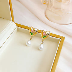Pearl & Enamel 18K Gold-Plated Tulip Heart Drop Earrings