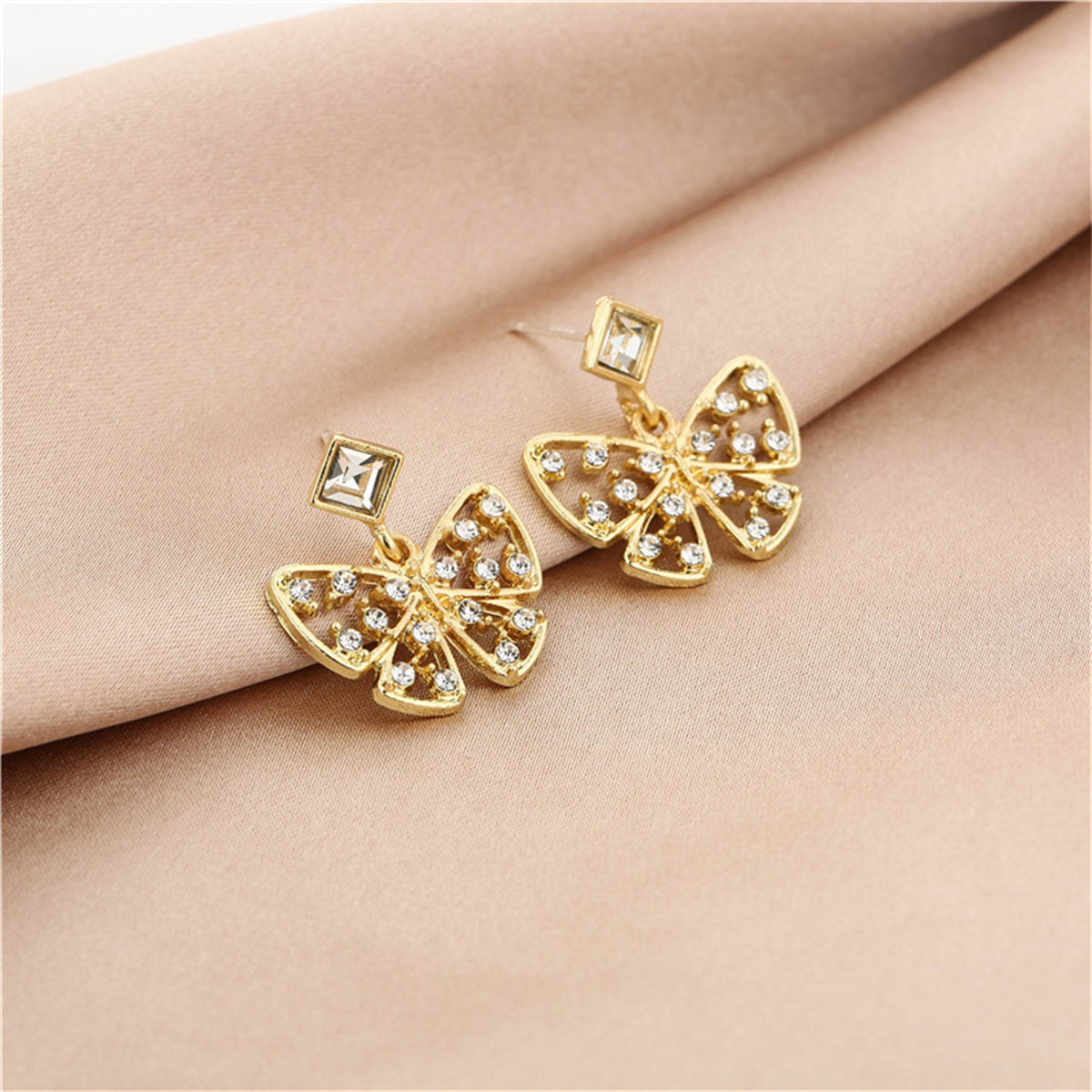 Cubic Zirconia and Crystal 18K Gold-Plated Openwork Butterfly Drop Earrings, gold drop earrings for women, side view