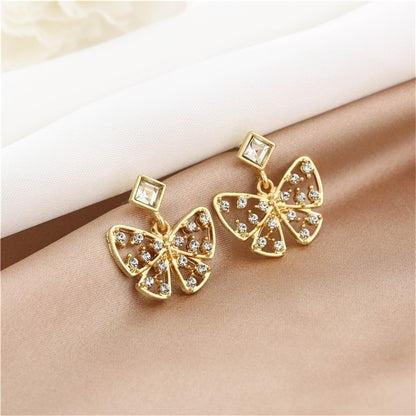 Cubic Zirconia and Crystal 18K Gold-Plated Openwork Butterfly Drop Earrings, gold drop earrings for women, detail close-up