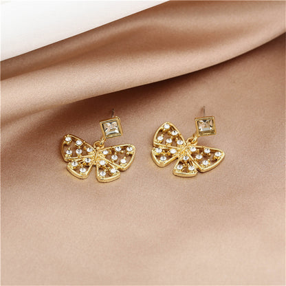 Cubic Zirconia and Crystal 18K Gold-Plated Openwork Butterfly Drop Earrings, gold drop earrings for women, lifestyle look