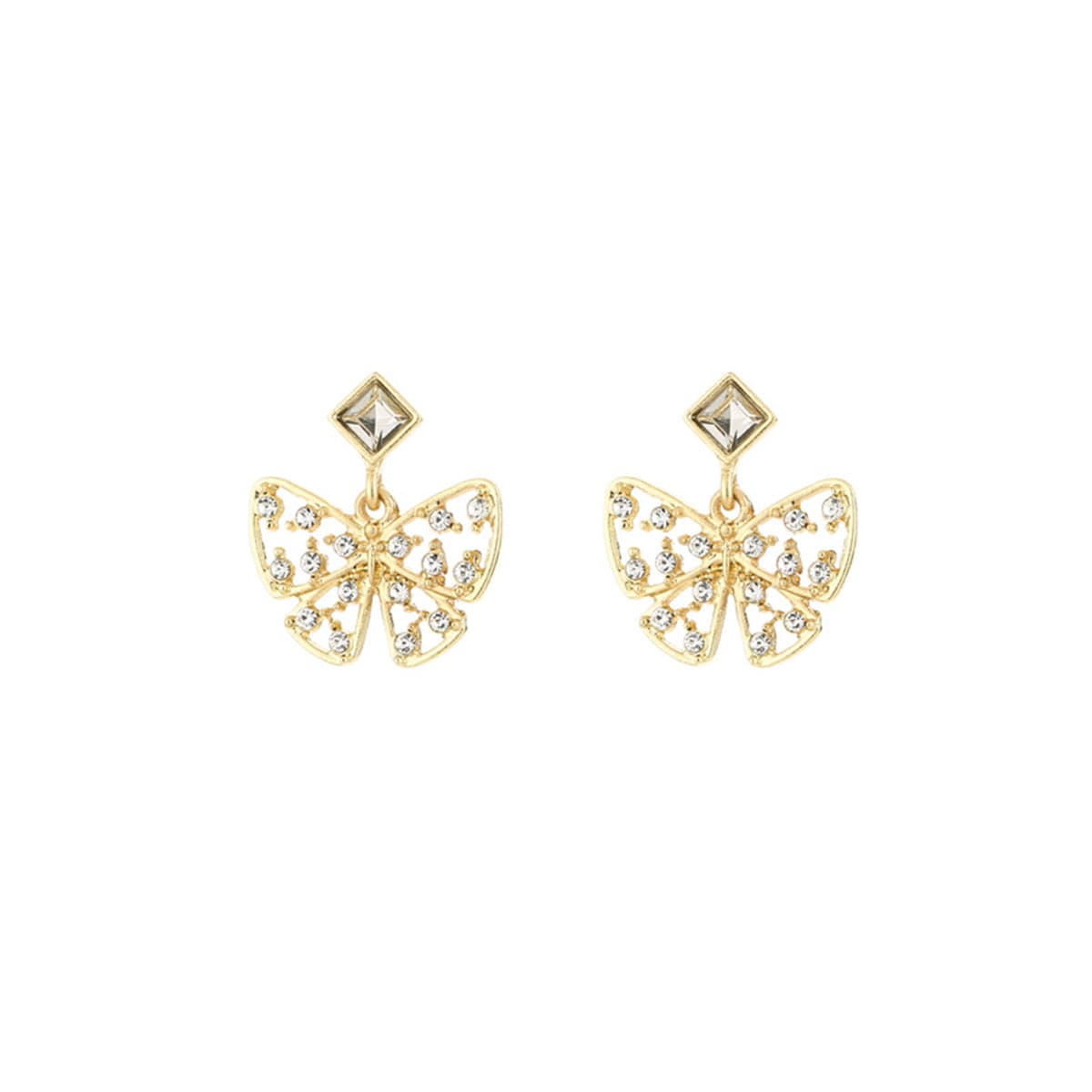 Cubic Zirconia and Crystal 18K Gold-Plated Openwork Butterfly Drop Earrings, gold drop earrings for women, front view