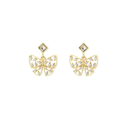 Cubic Zirconia and Crystal 18K Gold-Plated Openwork Butterfly Drop Earrings, gold drop earrings for women, front view