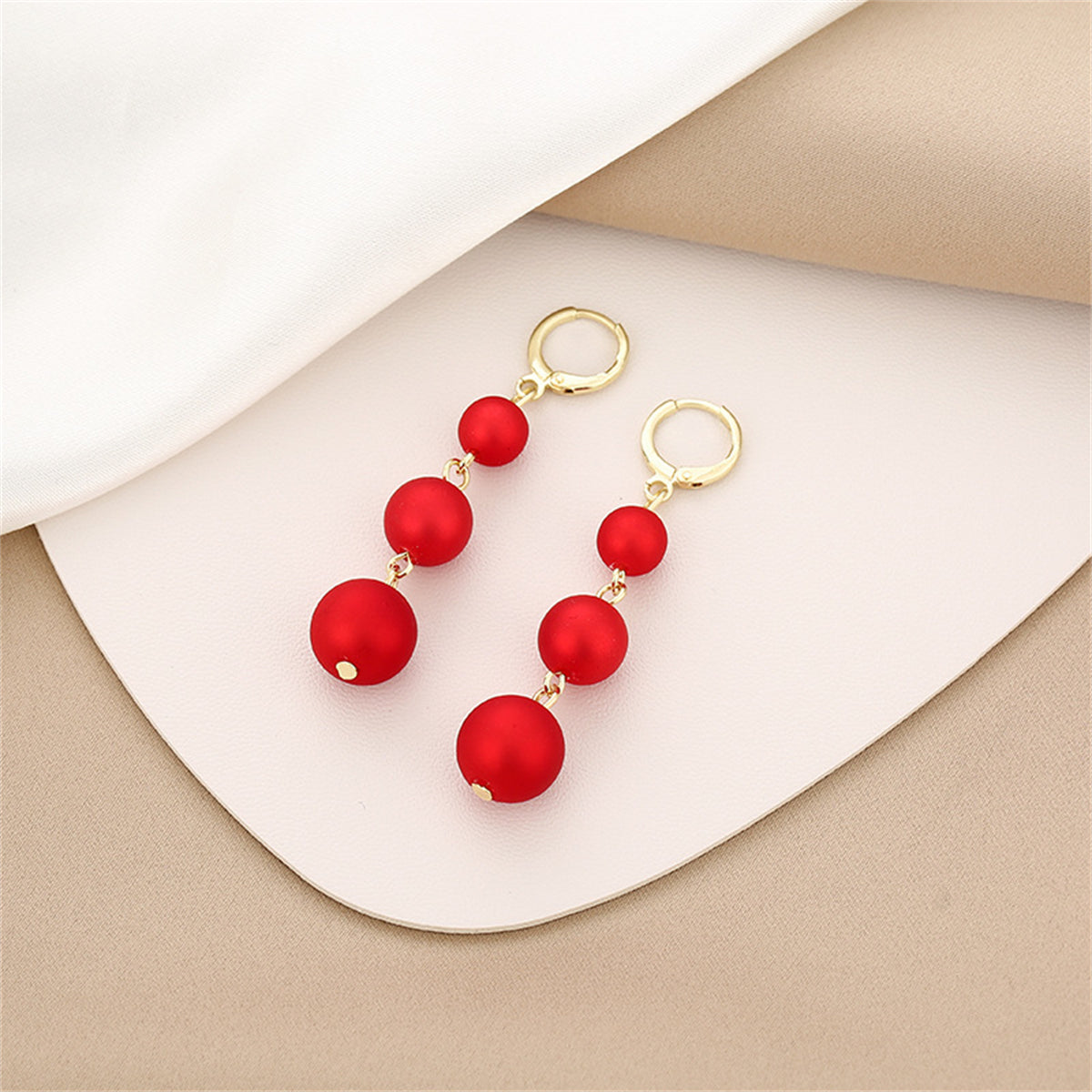 Red Frosted Resin and 18K Gold-Plated Beads Huggie Earrings, gold huggie earrings, everyday style, detail close-up