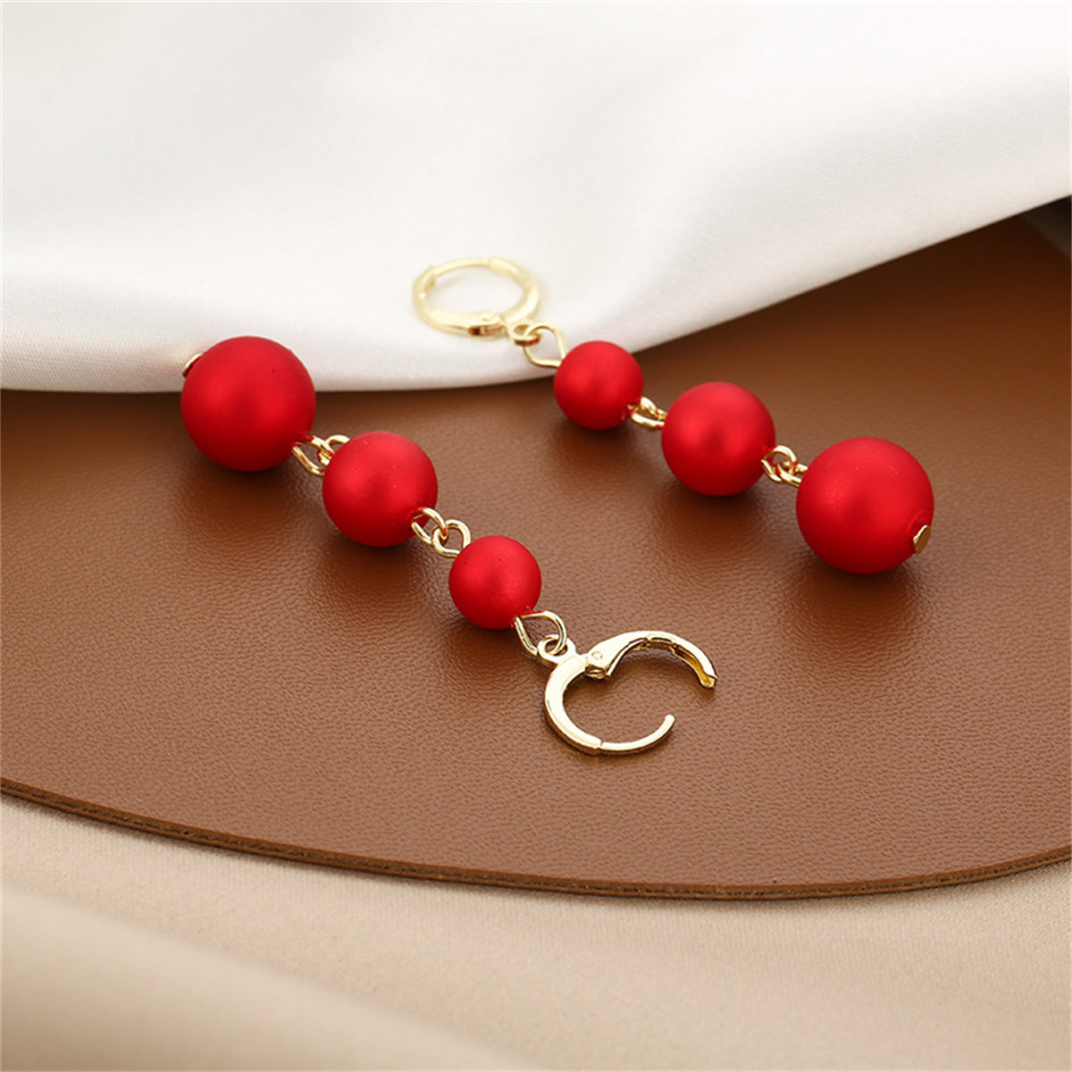Red Frosted Resin and 18K Gold-Plated Beads Huggie Earrings, gold huggie earrings, everyday style, styled look