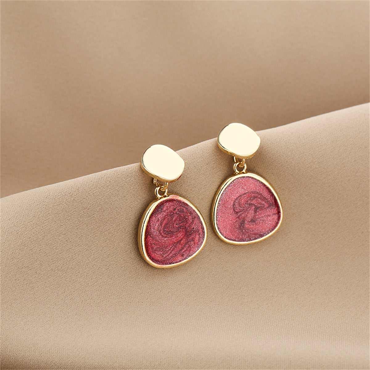 Wine Red Enamel and 18K Gold-Plated Triangle Drop Earrings, gold drop earrings for women, front view