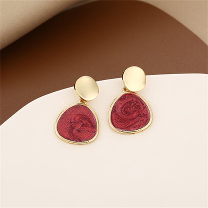 Wine Red Enamel and 18K Gold-Plated Triangle Drop Earrings, gold drop earrings for women, dainty minimalist design, side view