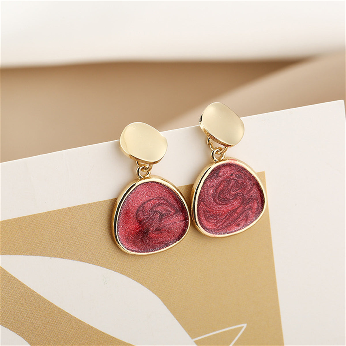 Wine Red Enamel and 18K Gold-Plated Triangle Drop Earrings, gold drop earrings for women, detail close-up