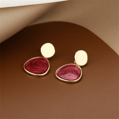 Wine Red Enamel and 18K Gold-Plated Triangle Drop Earrings, gold drop earrings for women, lifestyle look