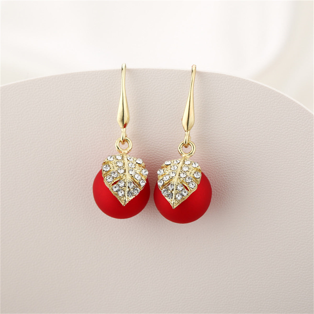 Red Resin and Clear Cubic Zirconia Leaf Ball Drop Earrings, drop earrings for women, dainty minimalist design, front view