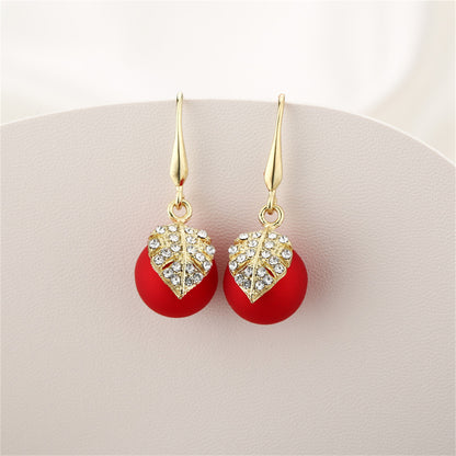 Red Resin and Clear Cubic Zirconia Leaf Ball Drop Earrings, drop earrings for women, dainty minimalist design, front view