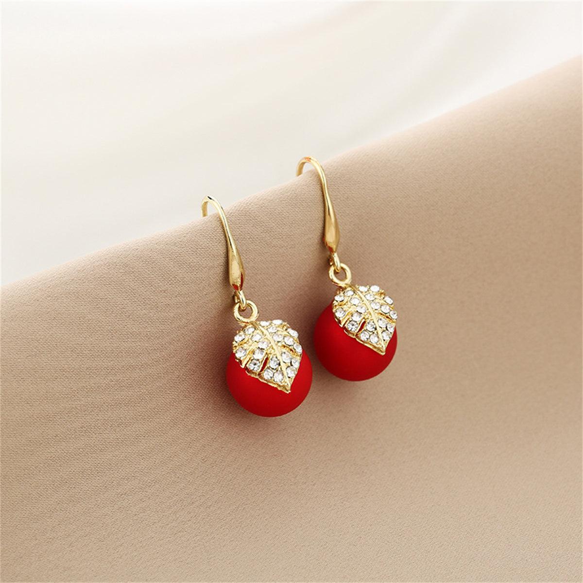 Red Resin and Clear Cubic Zirconia Leaf Ball Drop Earrings, drop earrings for women, dainty minimalist design, side view