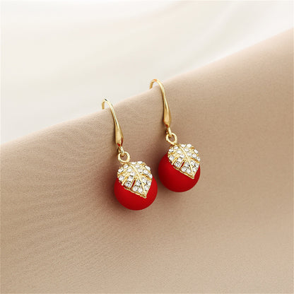 Red Resin and Clear Cubic Zirconia Leaf Ball Drop Earrings, drop earrings for women, dainty minimalist design, side view