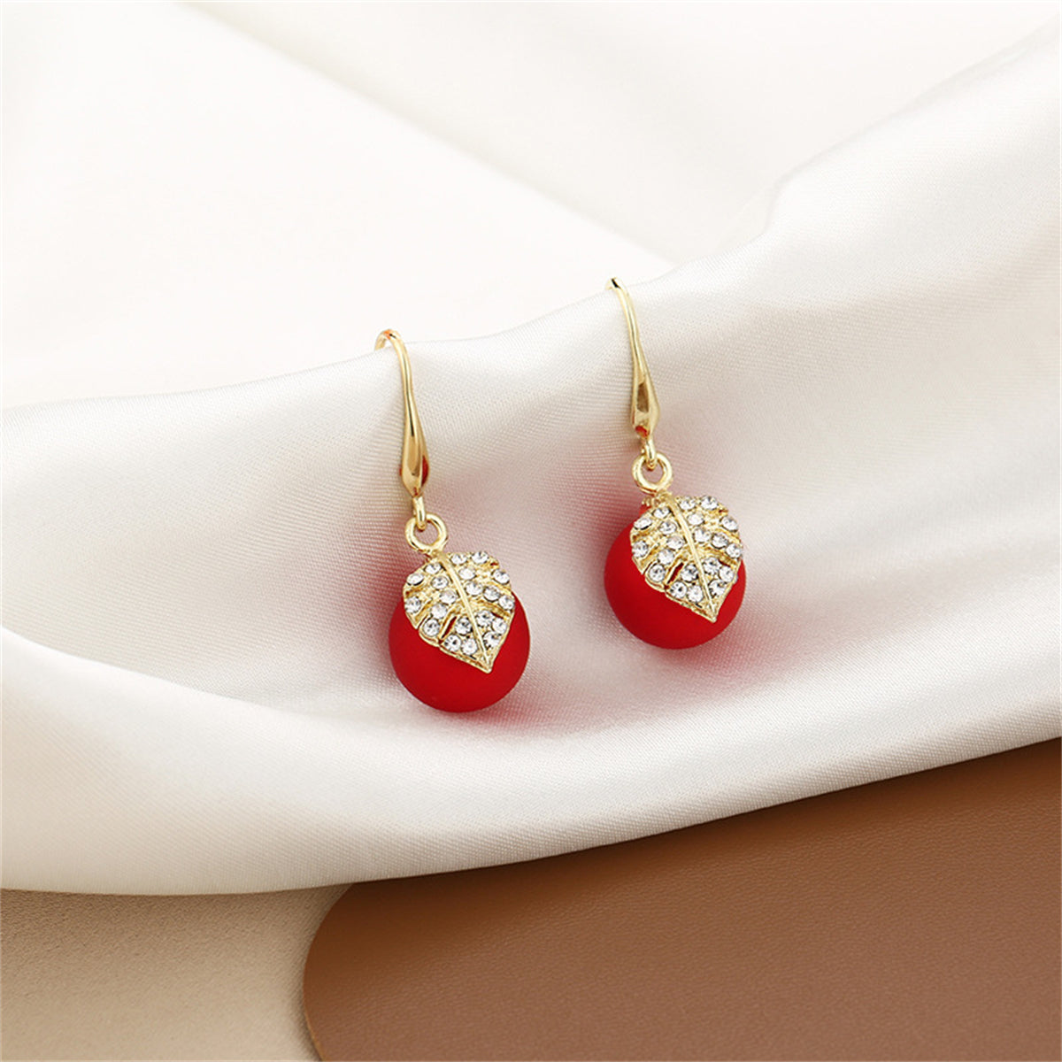 Red Resin & Clear Cubic Zirconia Leaf Ball Drop Earrings