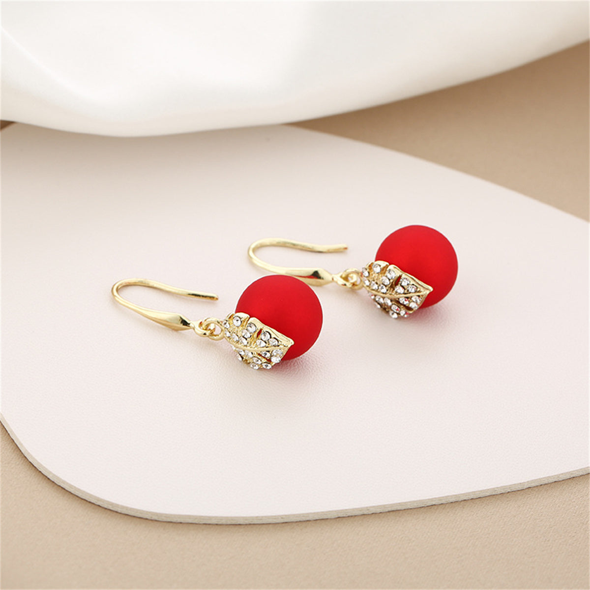 Red Resin and Clear Cubic Zirconia Leaf Ball Drop Earrings, drop earrings for women, dainty minimalist design, lifestyle look
