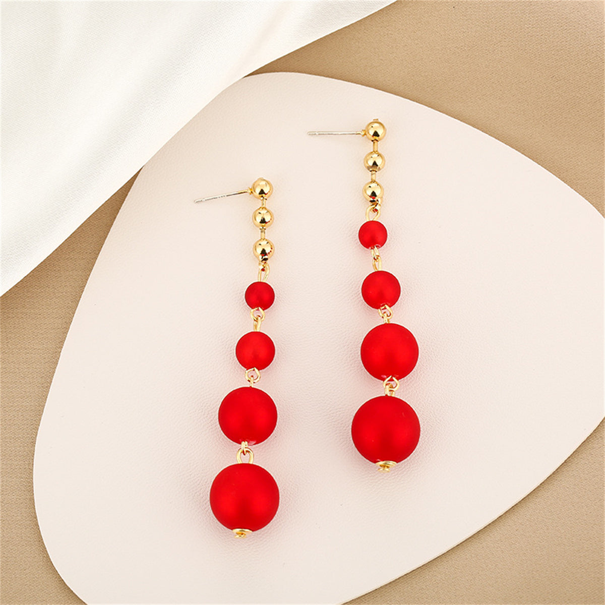 Red Resin and 18K Gold-Plated Bead Chain Drop Earrings, gold drop earrings for women, elegant gift for her, front view