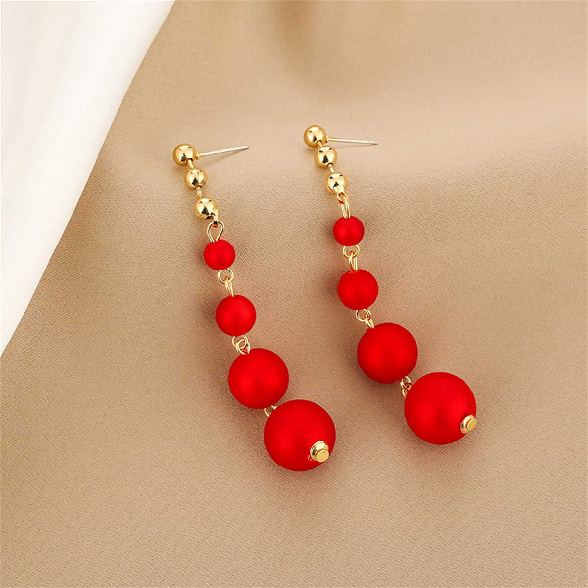 Red Resin and 18K Gold-Plated Bead Chain Drop Earrings, gold drop earrings for women, elegant gift for her, side view