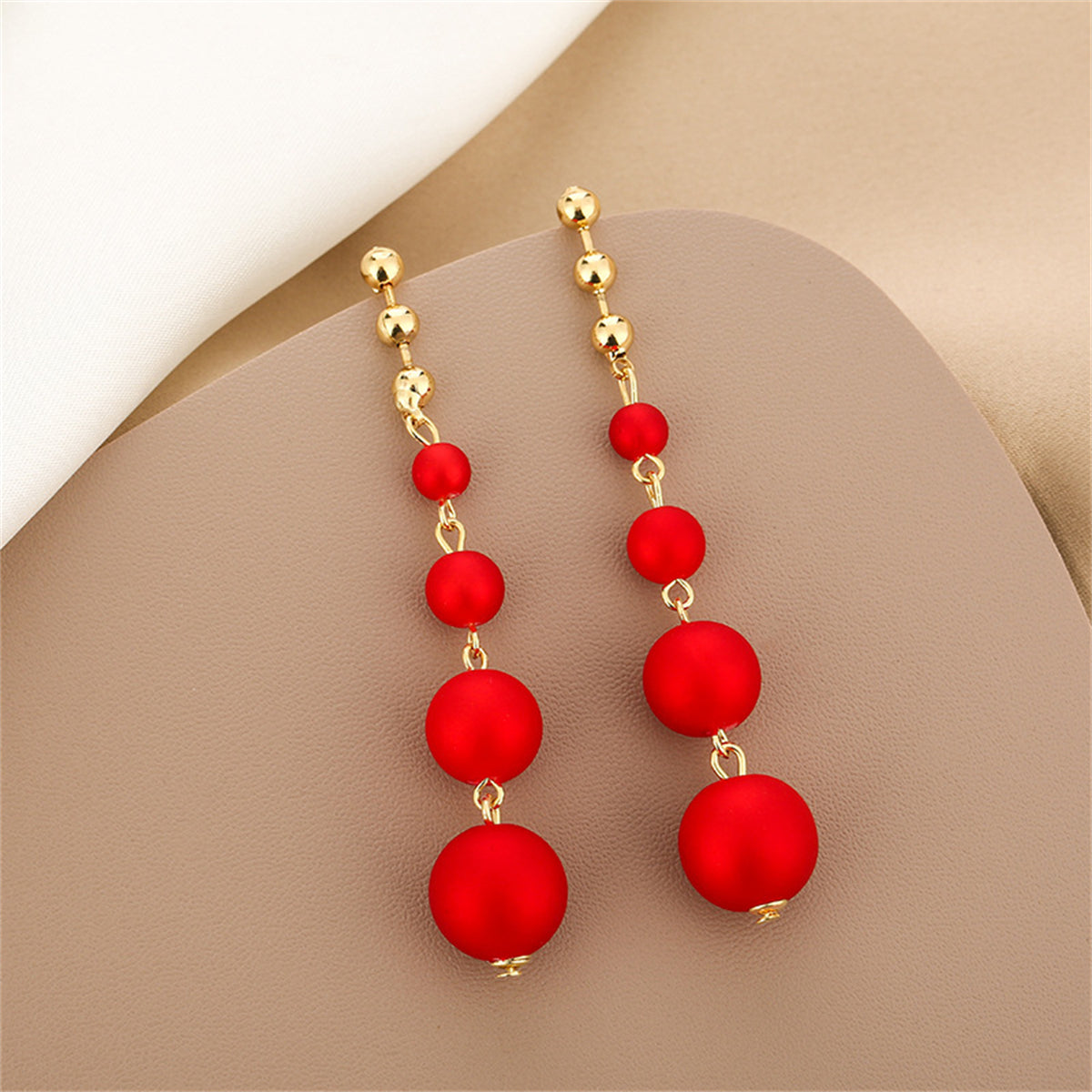 Red Resin and 18K Gold-Plated Bead Chain Drop Earrings, gold drop earrings for women, elegant gift for her, detail close-up