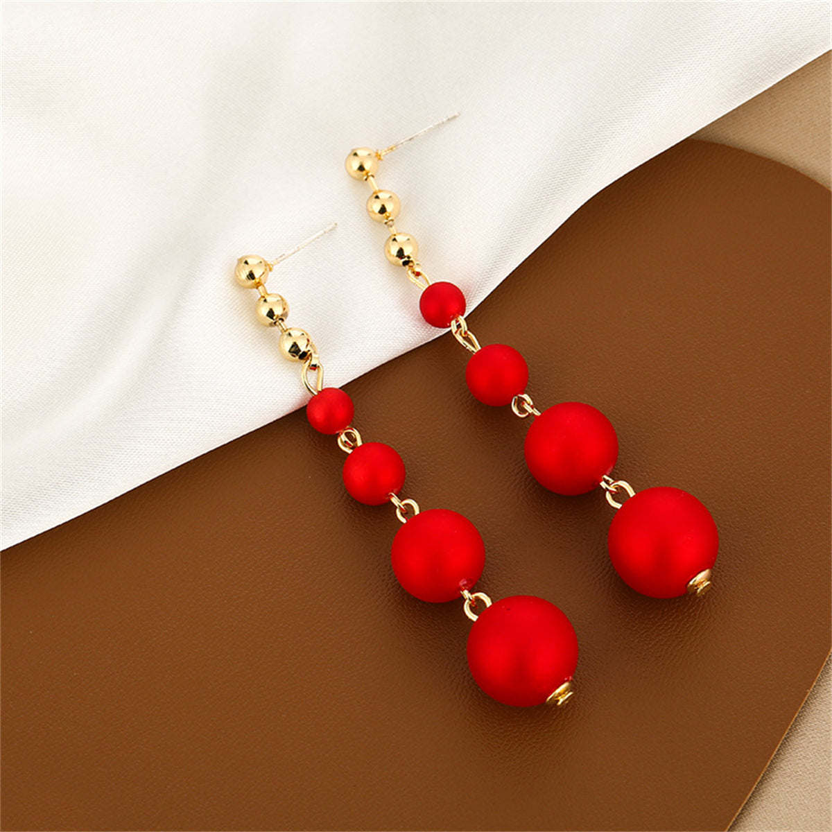 Red Resin and 18K Gold-Plated Bead Chain Drop Earrings, gold drop earrings for women, elegant gift for her, lifestyle look