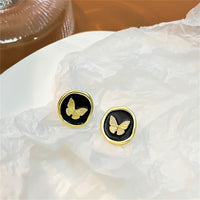 Black Enamel & 18k Gold-Plated Butterfly Round Stud Earrings