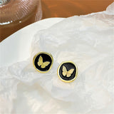Black Enamel & 18k Gold-Plated Butterfly Round Stud Earrings