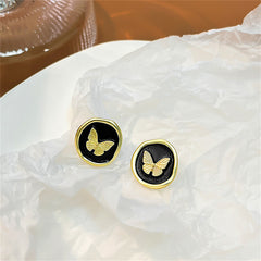 Black Enamel & 18K Gold-Plated Butterfly Round Stud Earrings