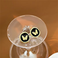 Black Enamel & 18k Gold-Plated Butterfly Round Stud Earrings