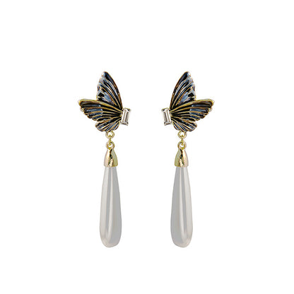 Crystal and Pearl 18K Gold-Plated Butterfly Drop Earrings, gold drop earrings for women, styled look