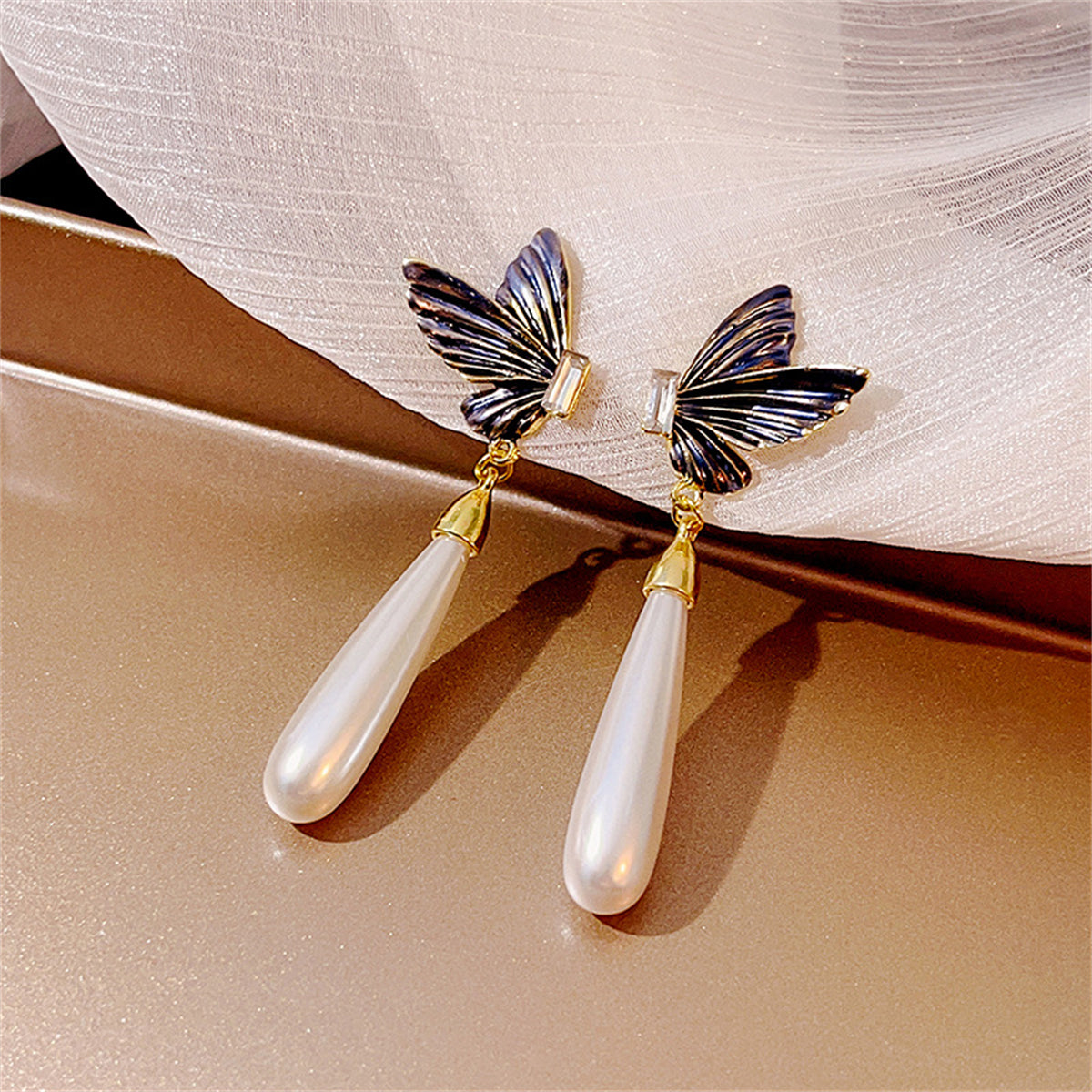 Crystal and Pearl 18K Gold-Plated Butterfly Drop Earrings, gold drop earrings for women, lifestyle look