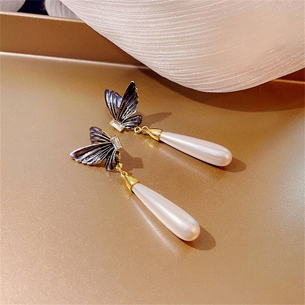 Crystal and Pearl 18K Gold-Plated Butterfly Drop Earrings, gold drop earrings for women, dainty minimalist design, side view