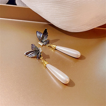 Crystal and Pearl 18K Gold-Plated Butterfly Drop Earrings, gold drop earrings for women, dainty minimalist design, side view