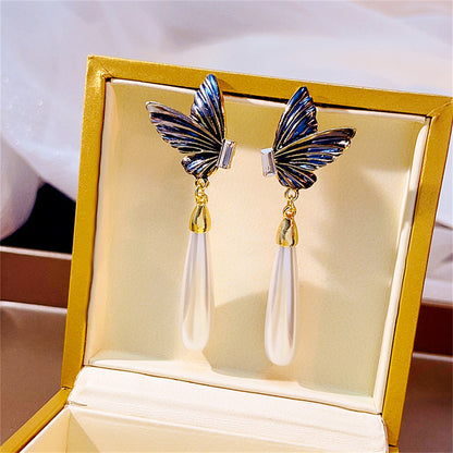 Crystal and Pearl 18K Gold-Plated Butterfly Drop Earrings, gold drop earrings for women, detail close-up