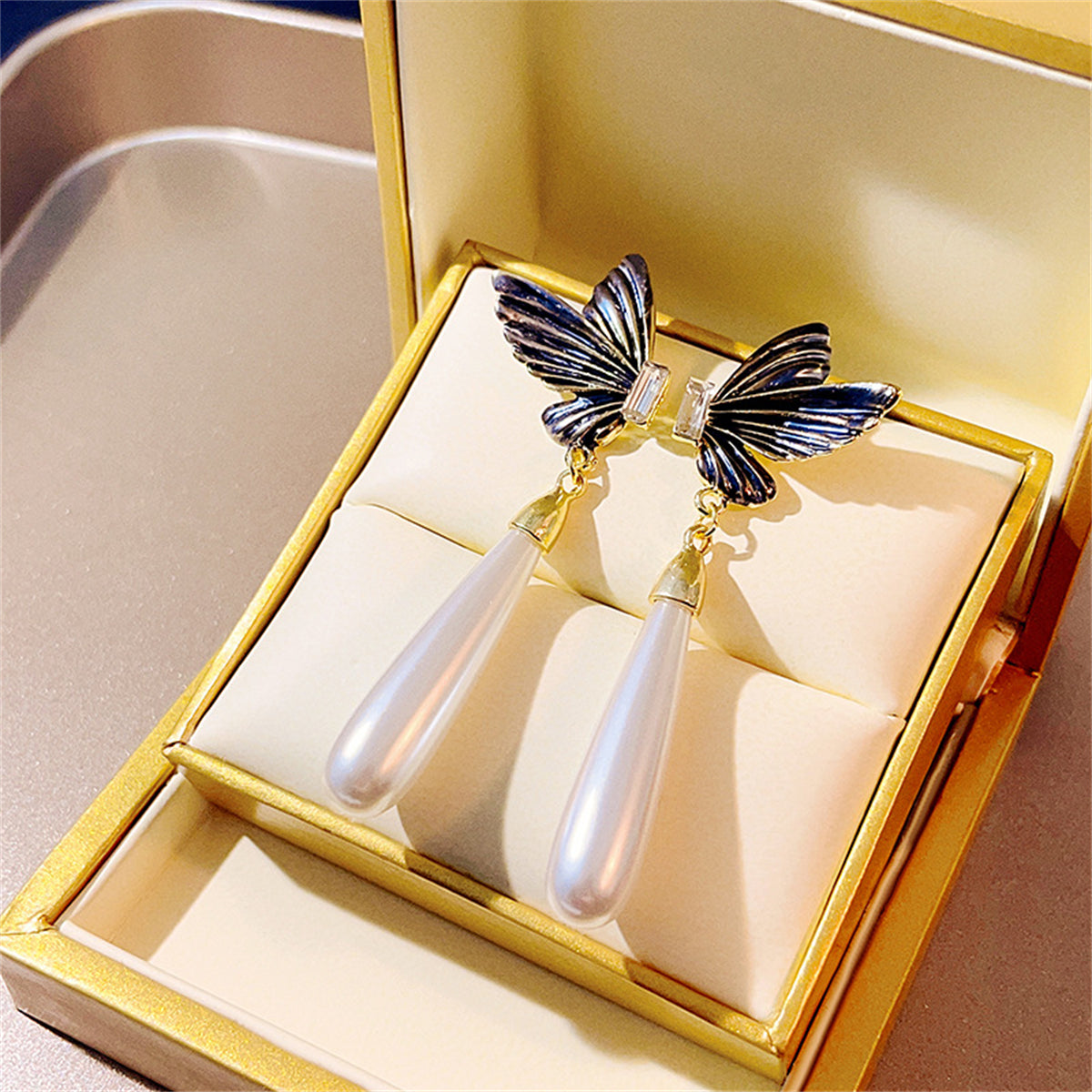 Crystal and Pearl 18K Gold-Plated Butterfly Drop Earrings, gold drop earrings for women, dainty minimalist design, front view