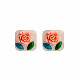 Pink & Green Flower Square Stud Earrings