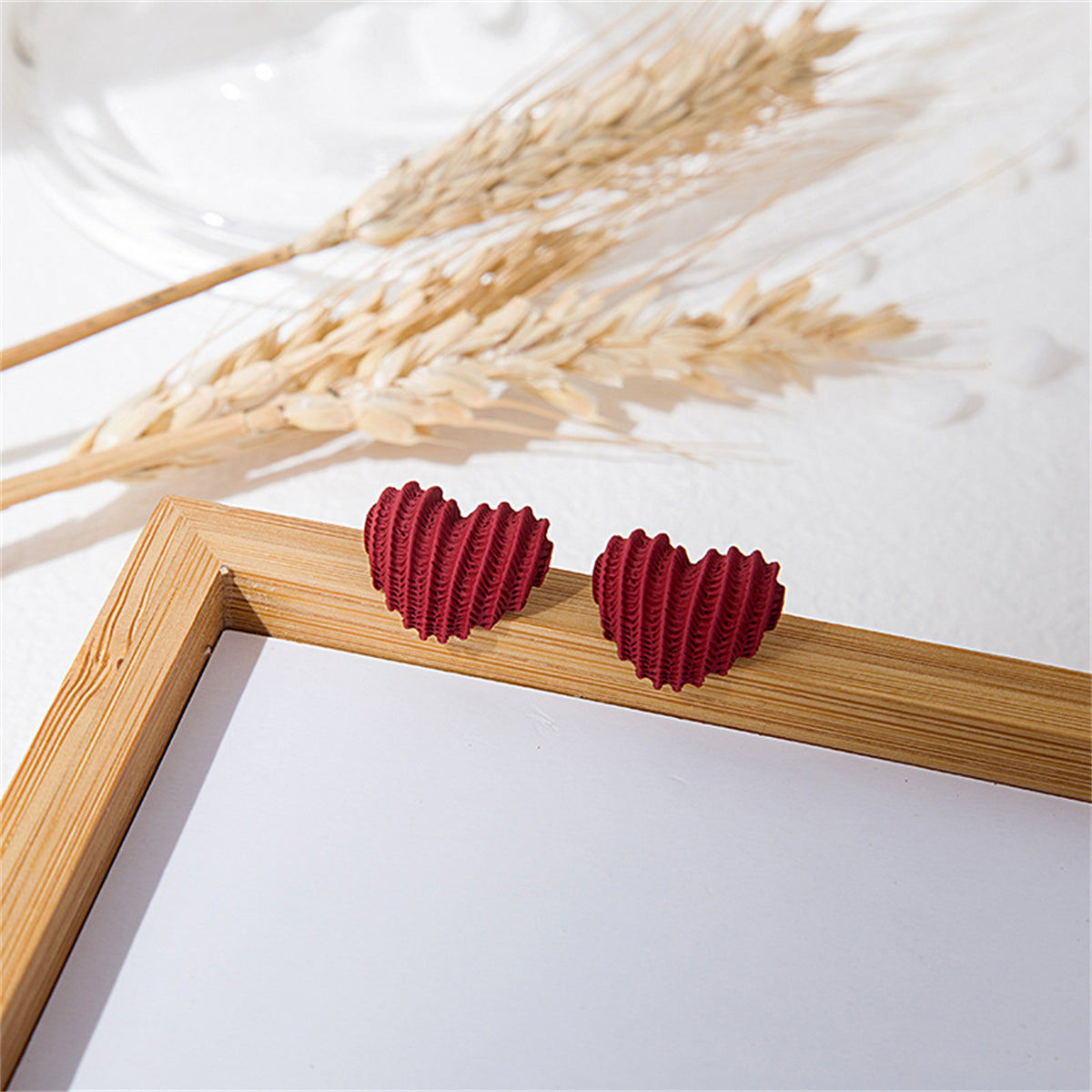 Red Enamel and Silver-Plated Textured Heart Stud Earrings, silver stud earrings for women, front view