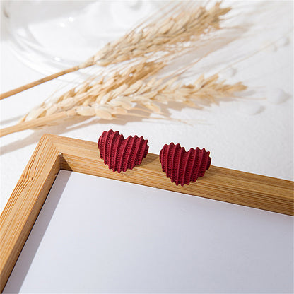 Red Enamel and Silver-Plated Textured Heart Stud Earrings, silver stud earrings for women, front view