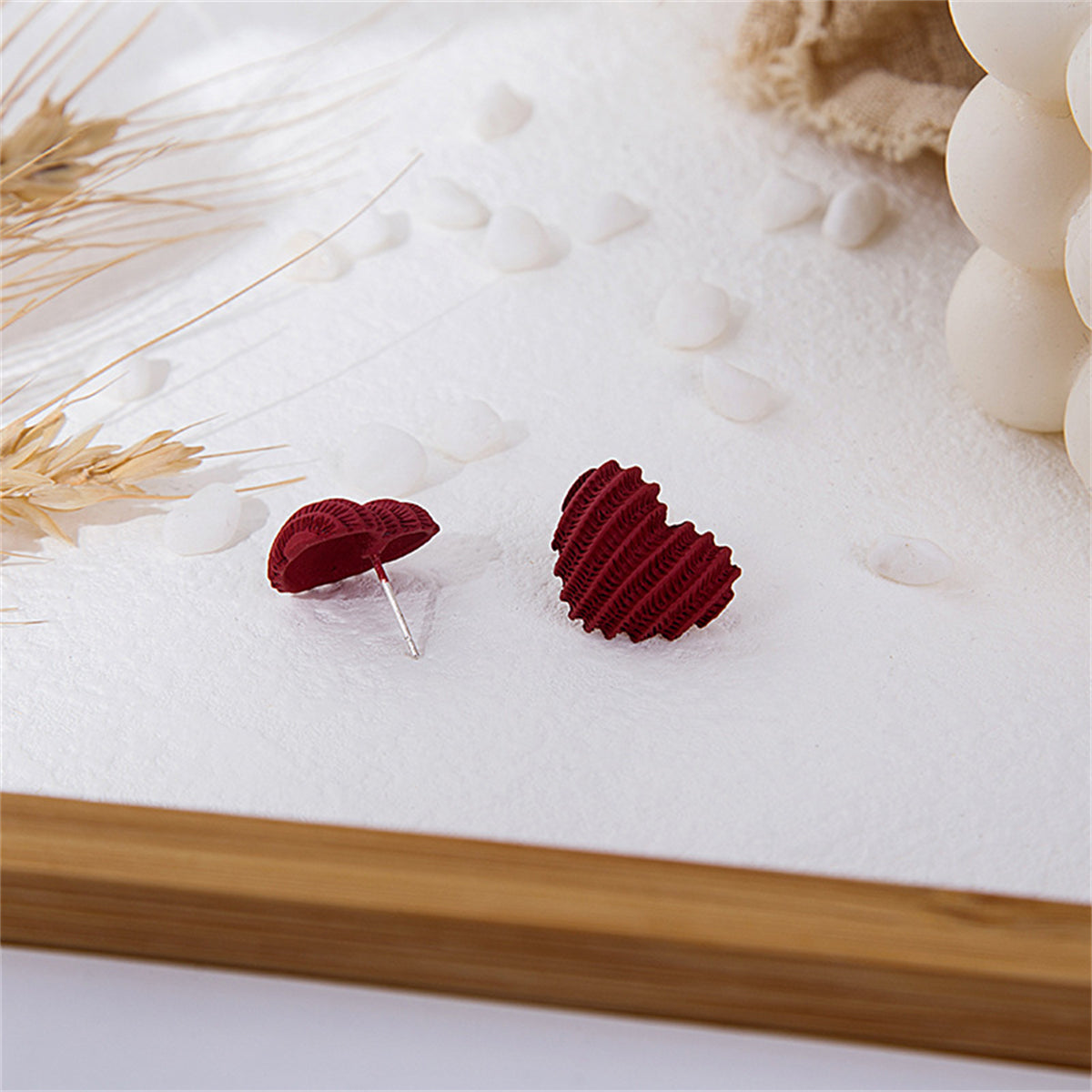 Red Enamel and Silver-Plated Textured Heart Stud Earrings, silver stud earrings for women, side view