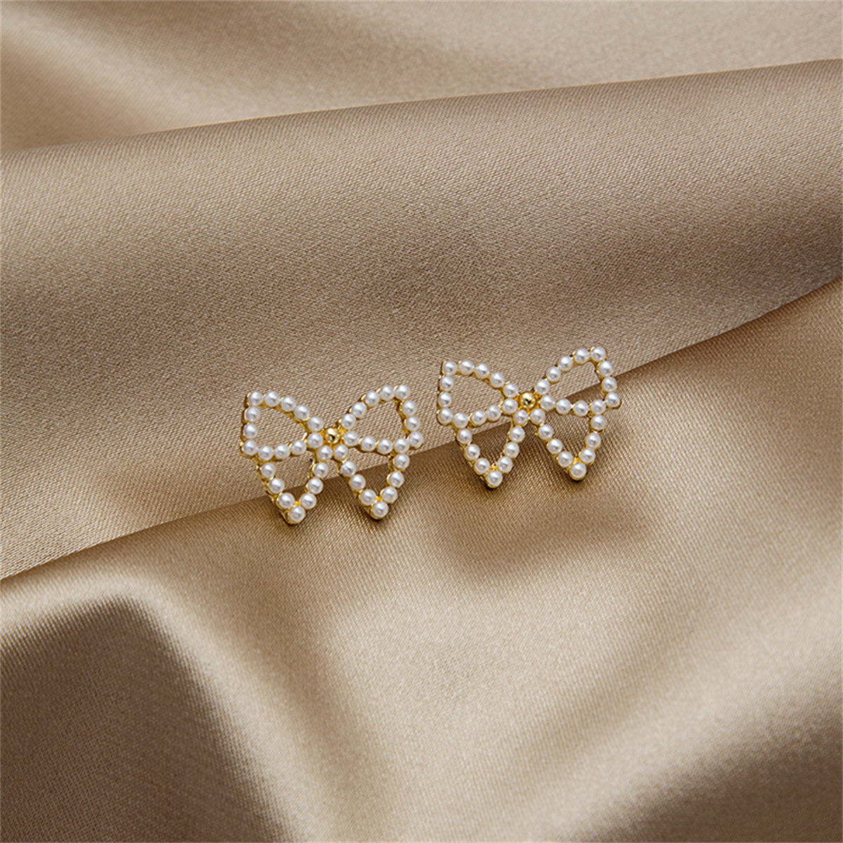 Pearl and 18K Gold-Plated Bow Stud Earrings, gold stud earrings for women, elegant gift for her, front view