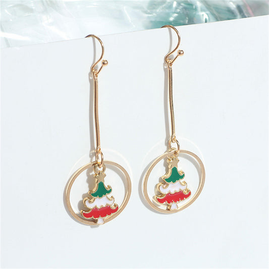 Red Enamel and 18K Gold-Plated Christmas Tree Circle Drop Earrings, gold drop earrings for women, front view