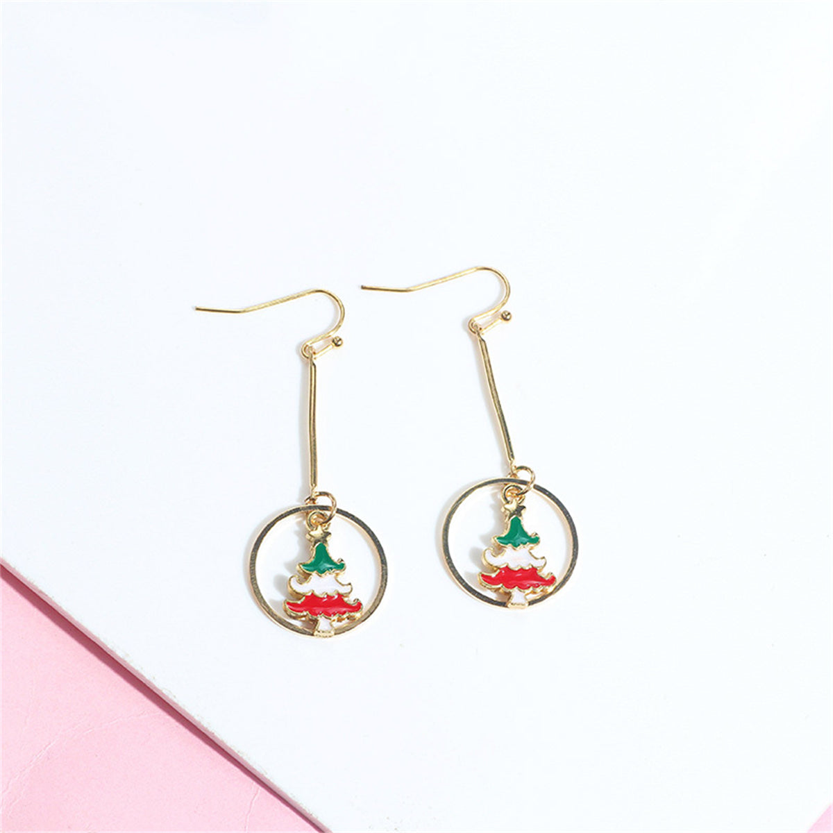 Red Enamel and 18K Gold-Plated Christmas Tree Circle Drop Earrings, gold drop earrings for women, side view
