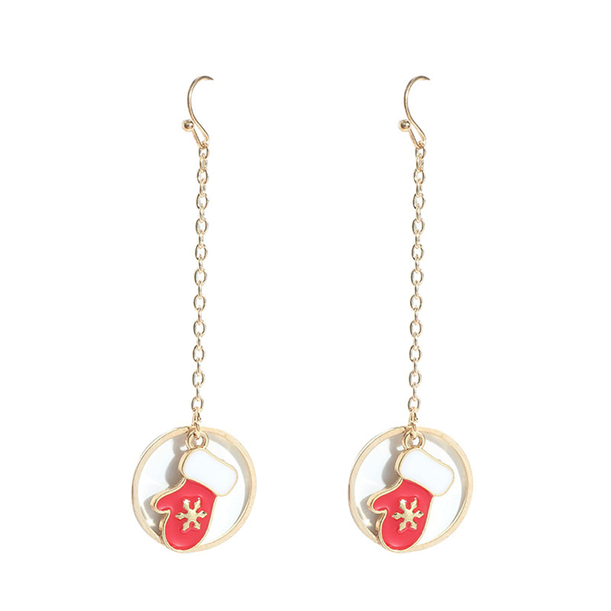 Red and White Enamel 18K Gold-Plated Mittens In Circle Drop Earrings, gold drop earrings for women, front view