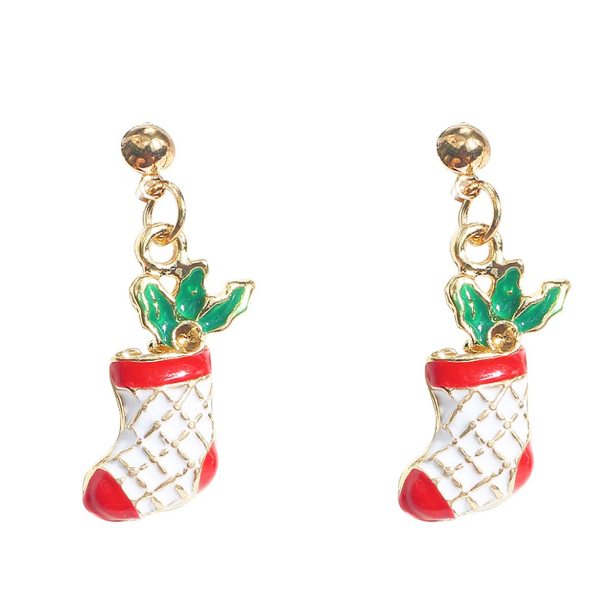Red and White Enamel 18K Gold-Plaetd Holly Stockings Drop Earrings, gold drop earrings for women, front view