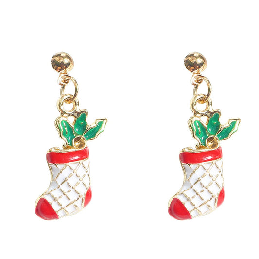 Red and White Enamel 18K Gold-Plaetd Holly Stockings Drop Earrings, gold drop earrings for women, front view