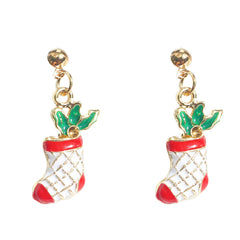 Red & White Enamel 18K Gold-Plaetd Holly Stockings Drop Earrings