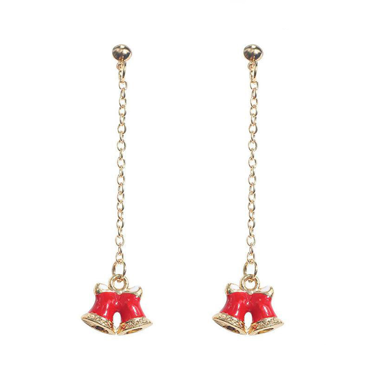 Red Enamel and 18K Gold-Plated Bells Drop Earrings, gold drop earrings for women, everyday style, front view