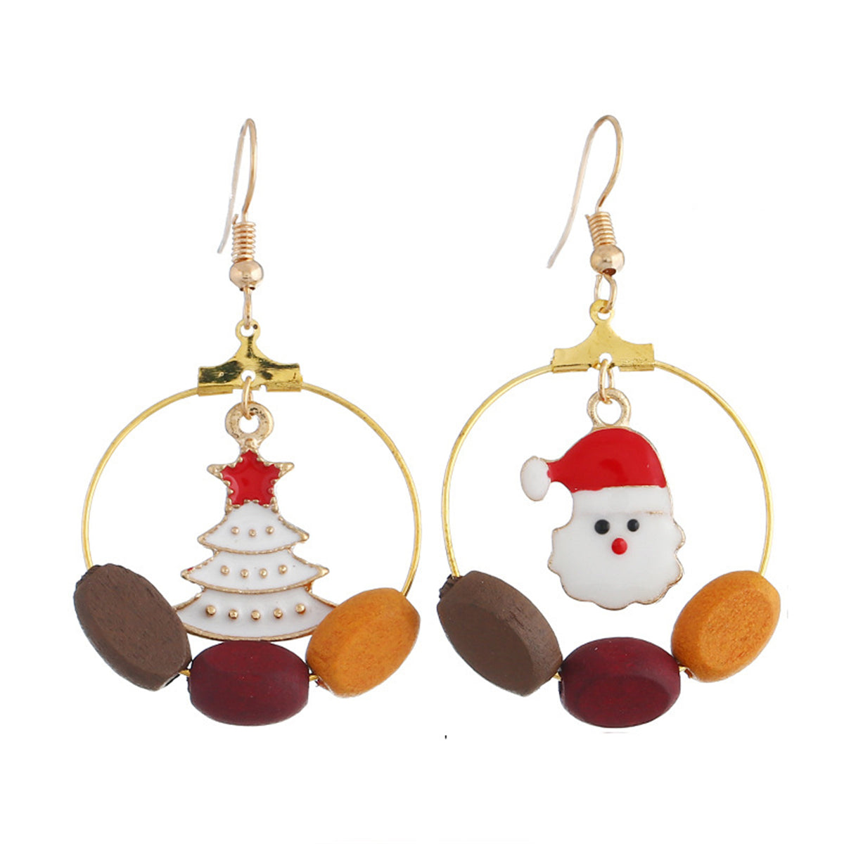 Red and White Santa Tree Circle Wood-Bead Drop Earrings, drop earrings for women, vintage-inspired design, front view